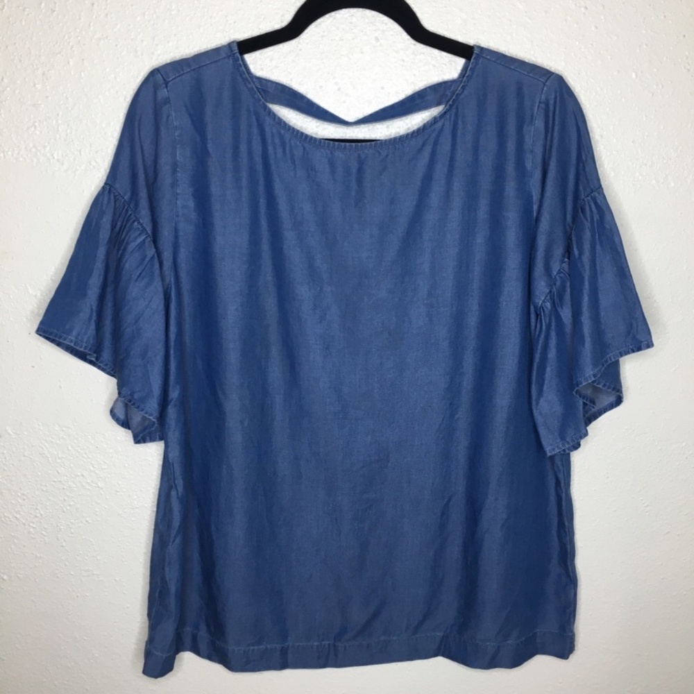 Loft Chambray Open Back With Flutter Sleeves Top M - image 2